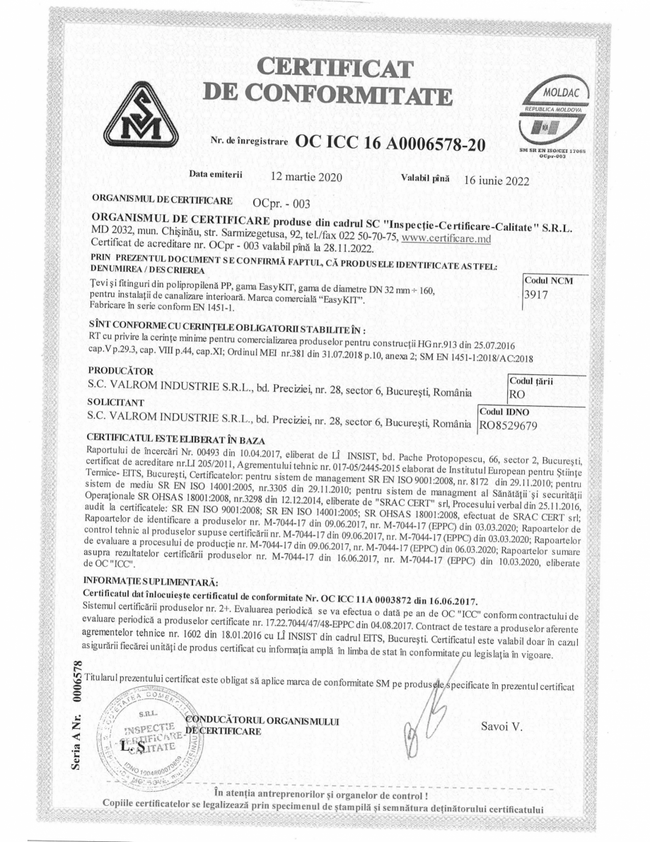 Pagina 1-Certificat de conformitate nr. OC ICC 16 A0006578-20 pentru Tevi si fitinguri din polipropilena PP, ...