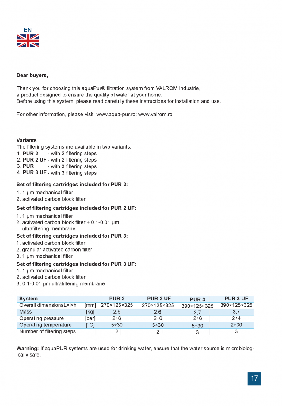 Pagina 17-Instructiuni de utilizare si montaj a sistemelor de filtrare PUR pentru apa potabila VALROM...