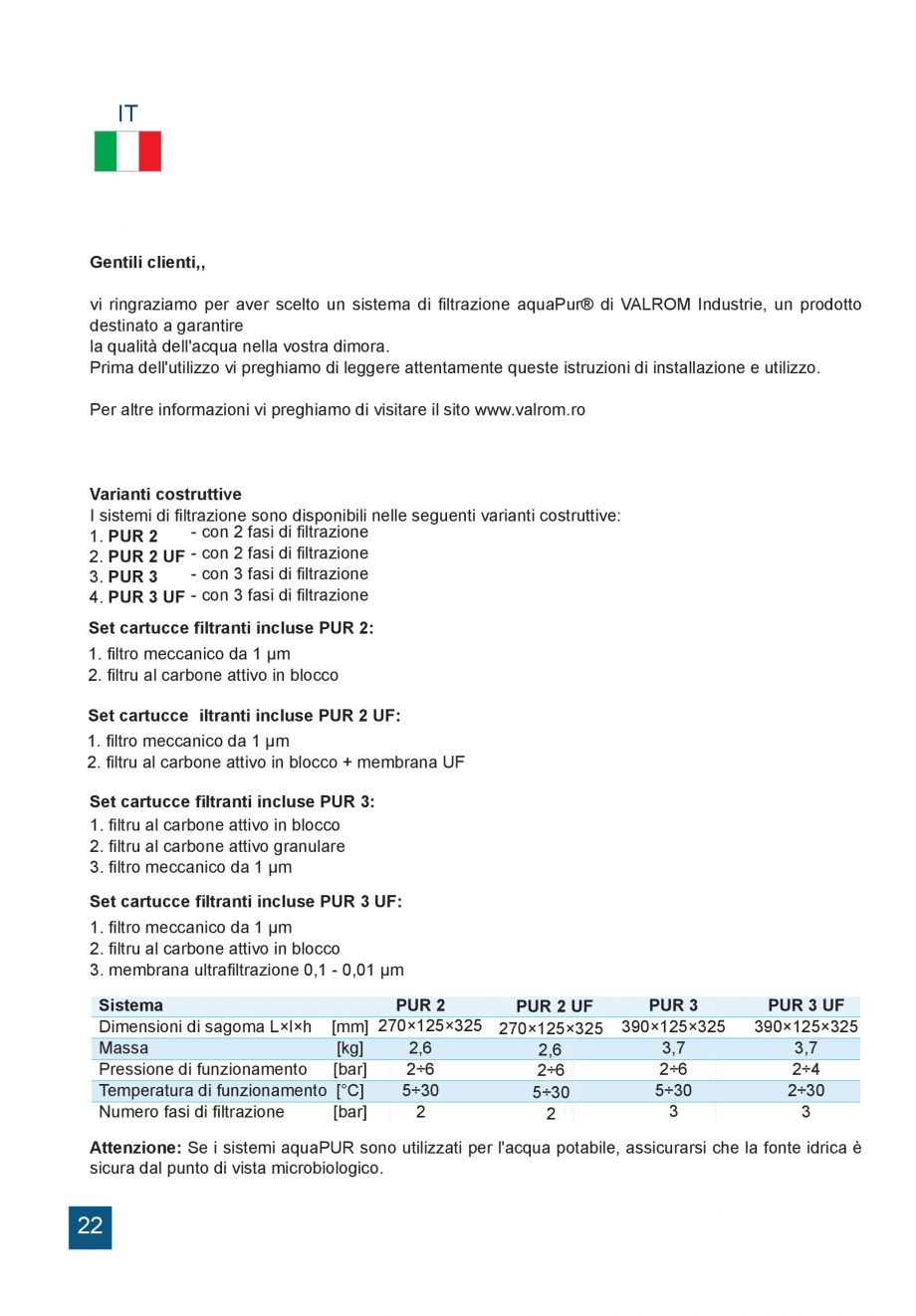Pagina 22-Instructiuni de utilizare si montaj a sistemelor de filtrare PUR pentru apa potabila VALROM...