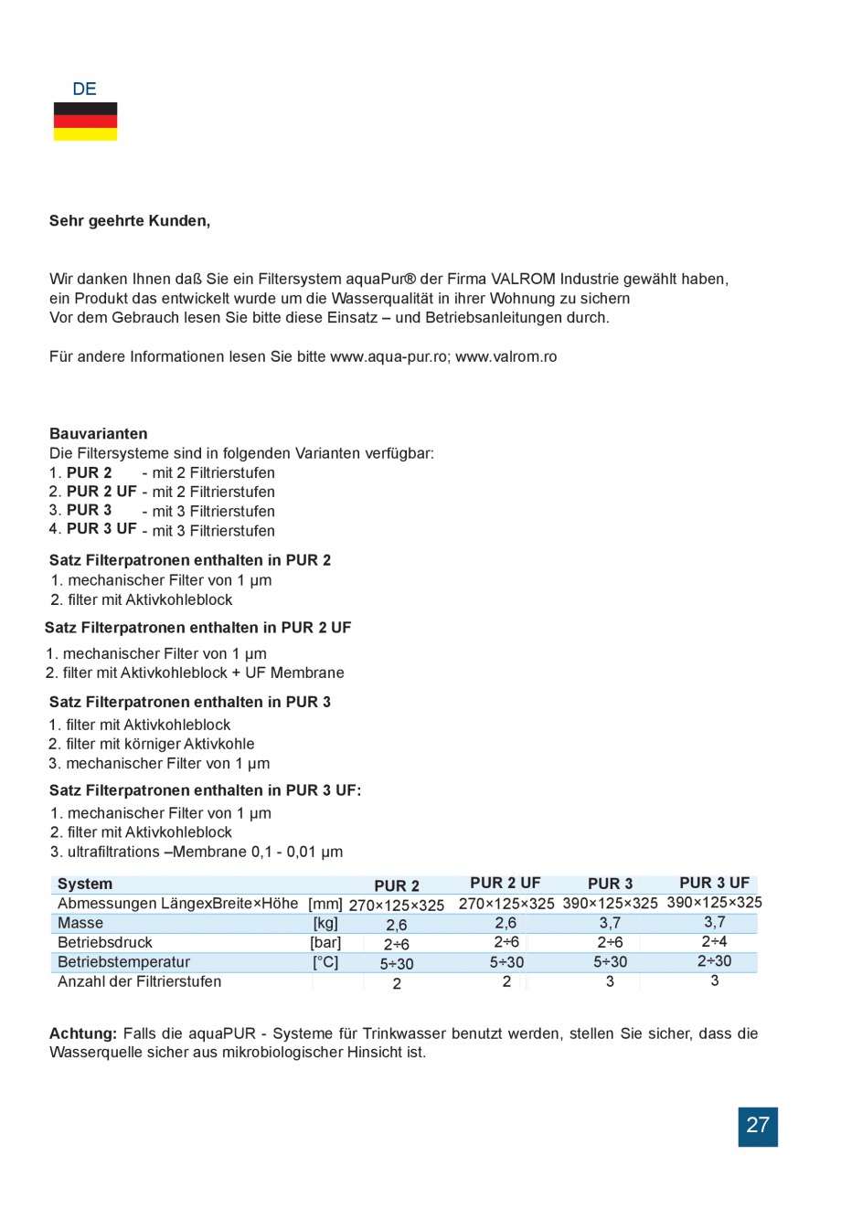 Pagina 27-Instructiuni de utilizare si montaj a sistemelor de filtrare PUR pentru apa potabila VALROM...