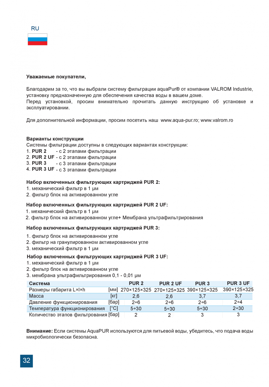Pagina 32-Instructiuni de utilizare si montaj a sistemelor de filtrare PUR pentru apa potabila VALROM...
