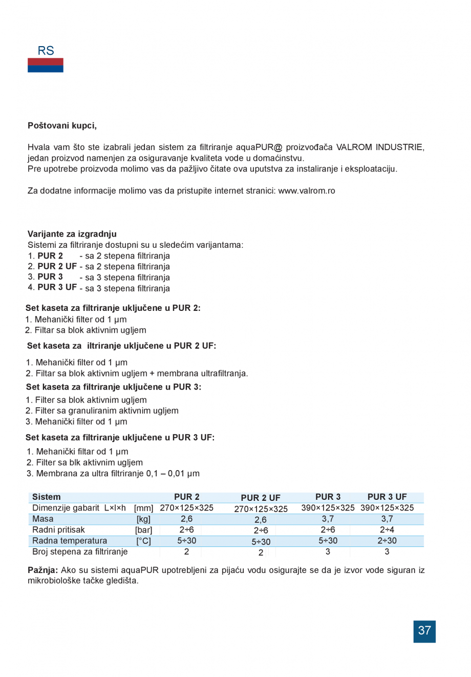 Pagina 37-Instructiuni de utilizare si montaj a sistemelor de filtrare PUR pentru apa potabila VALROM...