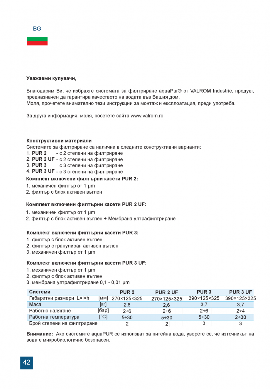 Pagina 42-Instructiuni de utilizare si montaj a sistemelor de filtrare PUR pentru apa potabila VALROM...