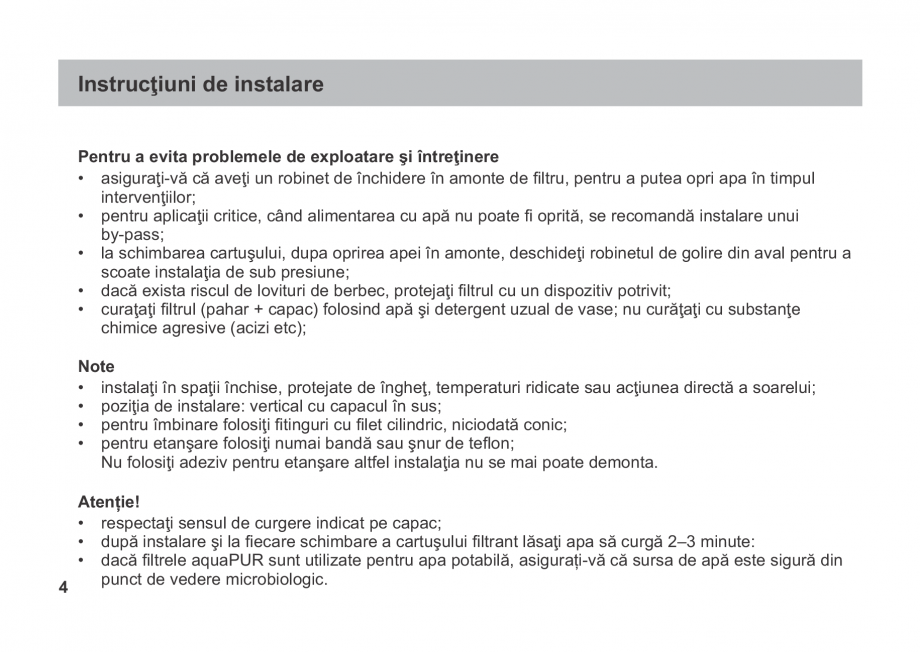 Pagina 4-Instructiuni de utilizare si montaj a filtrelor pentru apa potabila - Filtre fara cartus VALROM...