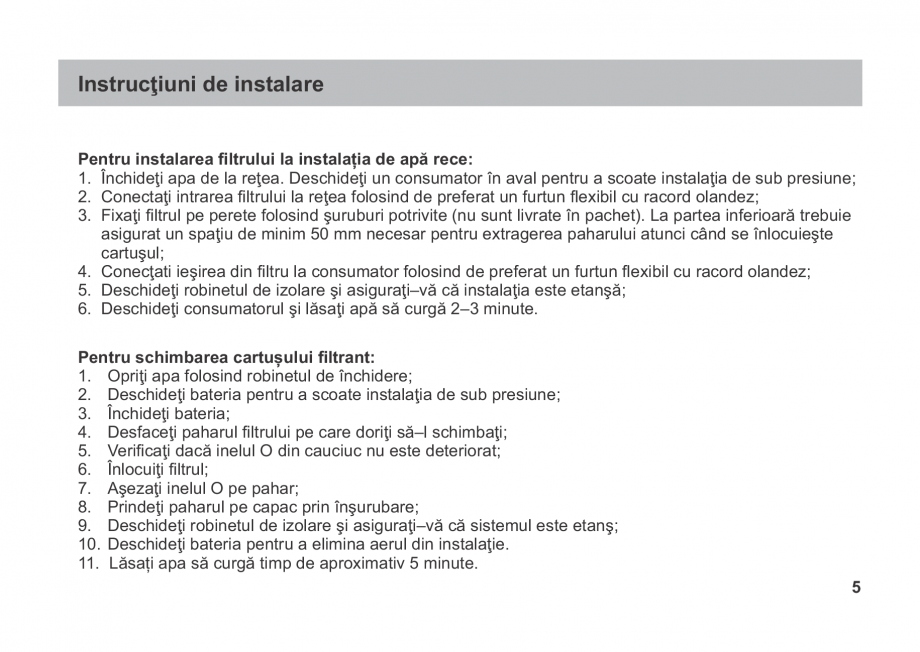 Pagina 5-Instructiuni de utilizare si montaj a filtrelor pentru apa potabila - Filtre fara cartus VALROM...