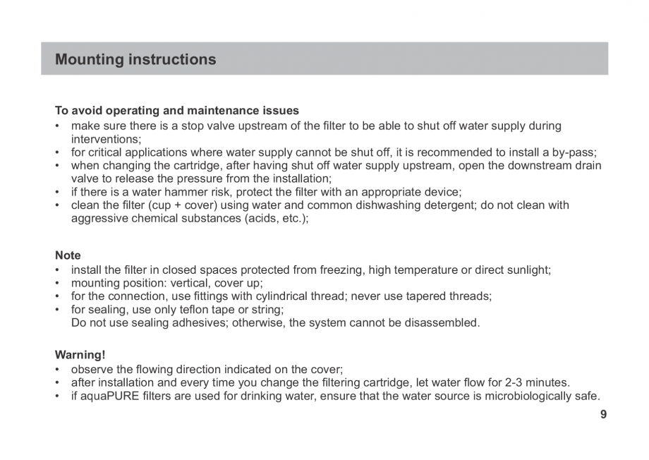 Pagina 9-Instructiuni de utilizare si montaj a filtrelor pentru apa potabila - Filtre fara cartus VALROM...