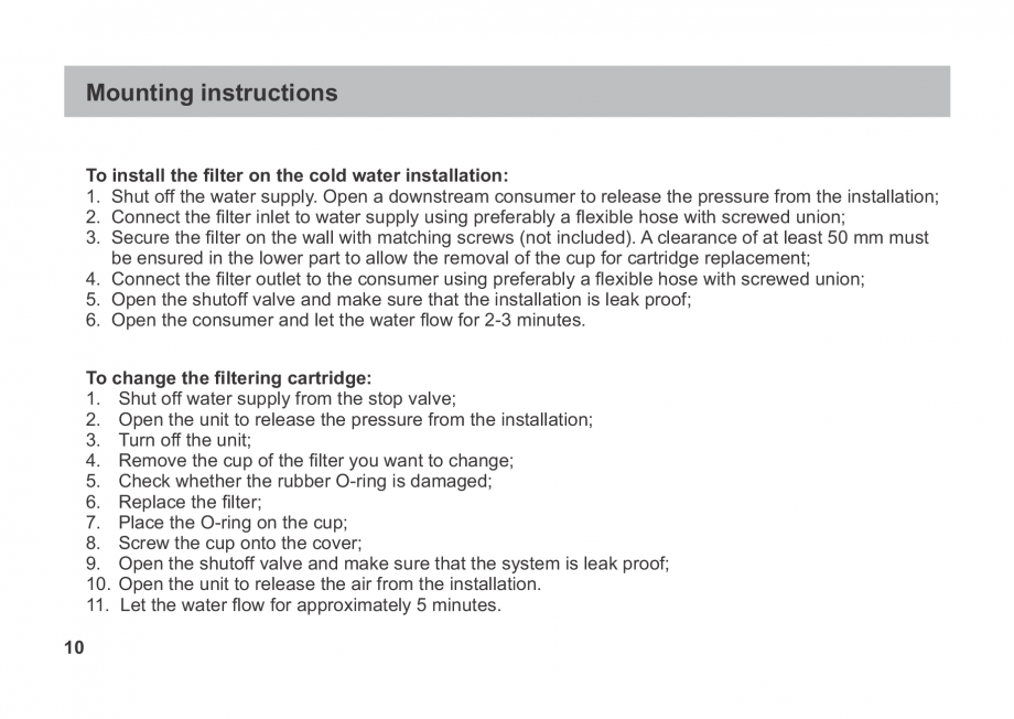 Pagina 10-Instructiuni de utilizare si montaj a filtrelor pentru apa potabila - Filtre fara cartus VALROM...