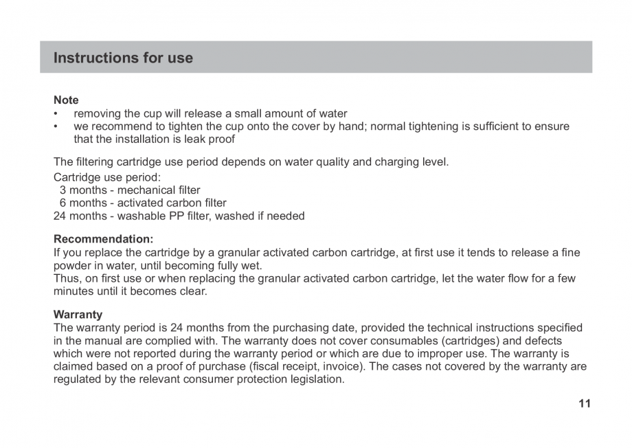 Pagina 11-Instructiuni de utilizare si montaj a filtrelor pentru apa potabila - Filtre fara cartus VALROM...