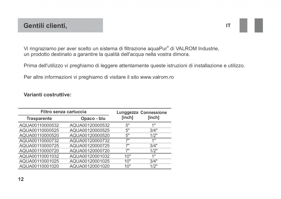 Pagina 12-Instructiuni de utilizare si montaj a filtrelor pentru apa potabila - Filtre fara cartus VALROM...
