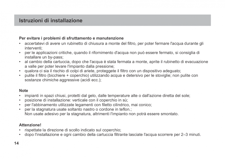 Pagina 14-Instructiuni de utilizare si montaj a filtrelor pentru apa potabila - Filtre fara cartus VALROM...