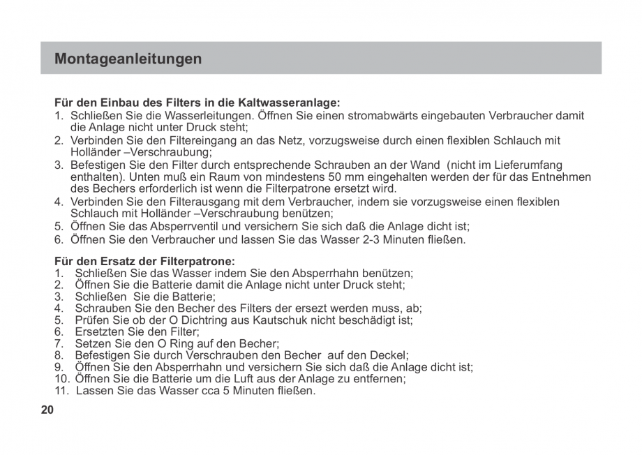 Pagina 20-Instructiuni de utilizare si montaj a filtrelor pentru apa potabila - Filtre fara cartus VALROM...