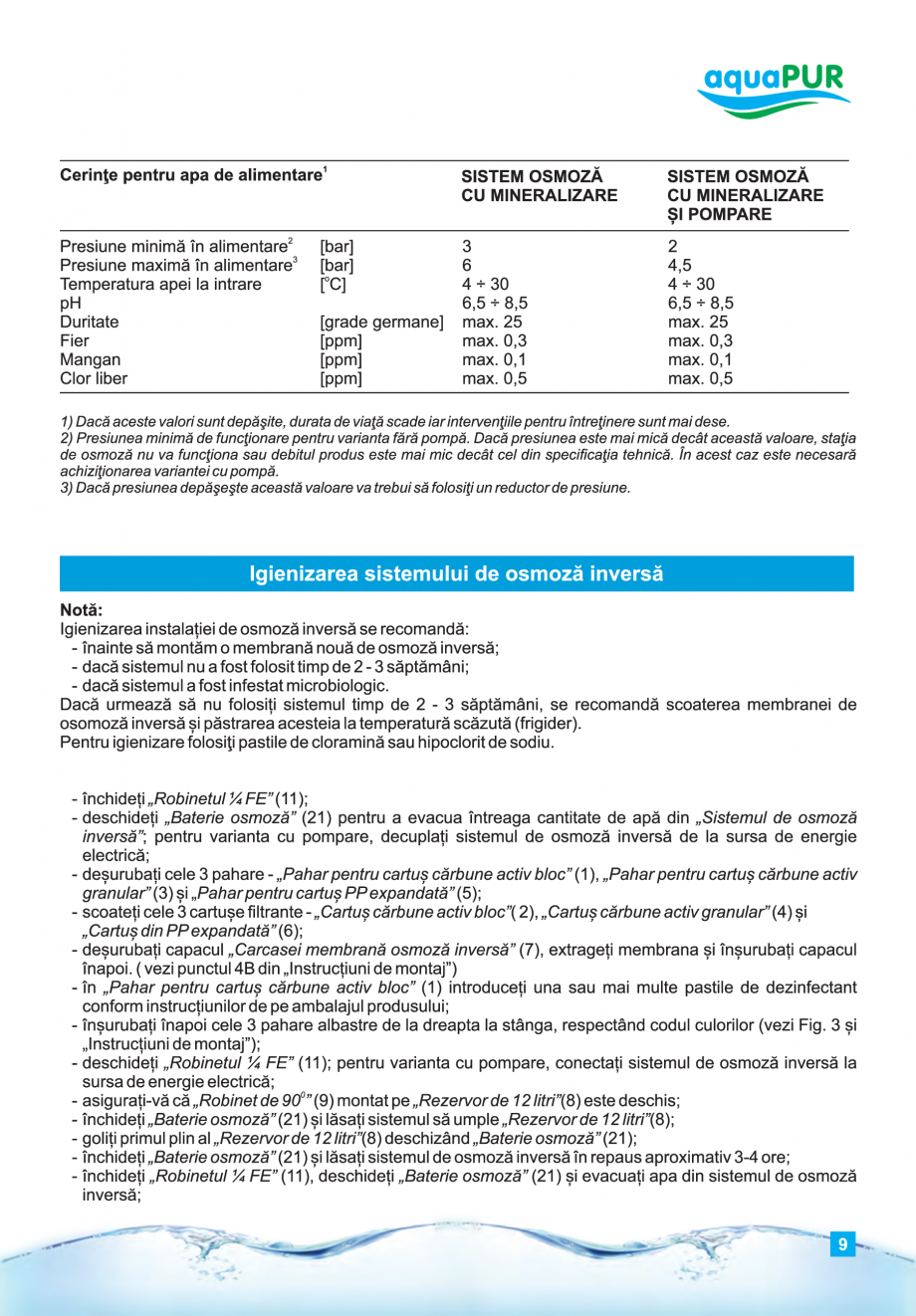 Pagina 9-Instructiuni de utilizare si montaj al sistemelor de osmoza inversa - aquaPUR VALROM Instructiuni...