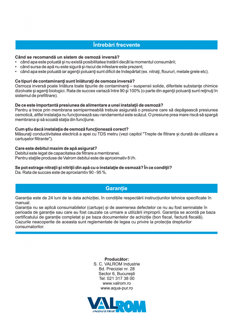 Pagina 12-Instructiuni de utilizare si montaj al sistemelor de osmoza inversa - aquaPUR VALROM Instructiuni...
