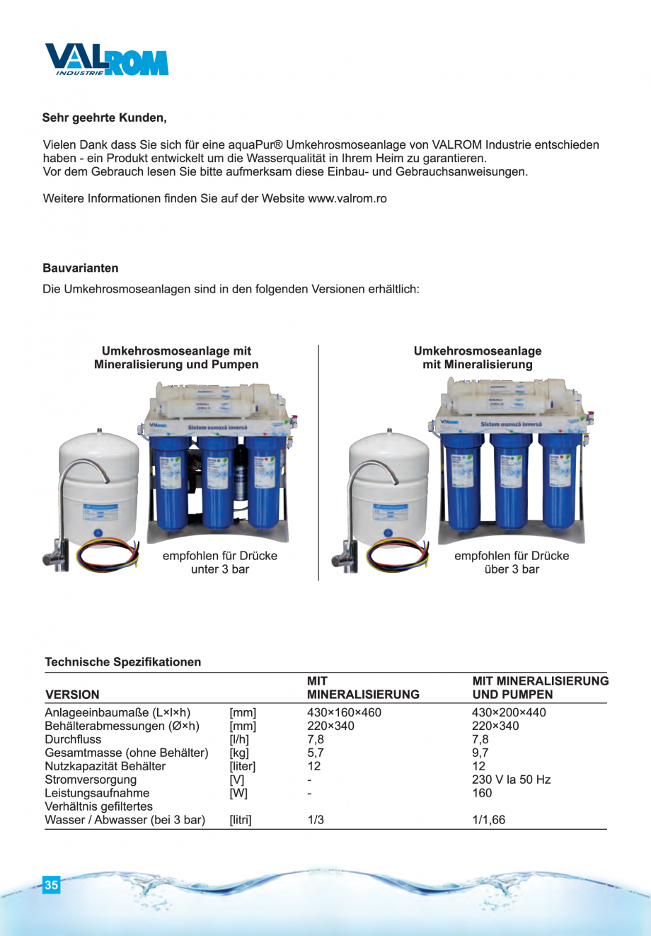 Pagina 35-Instructiuni de utilizare si montaj al sistemelor de osmoza inversa - aquaPUR VALROM Instructiuni...