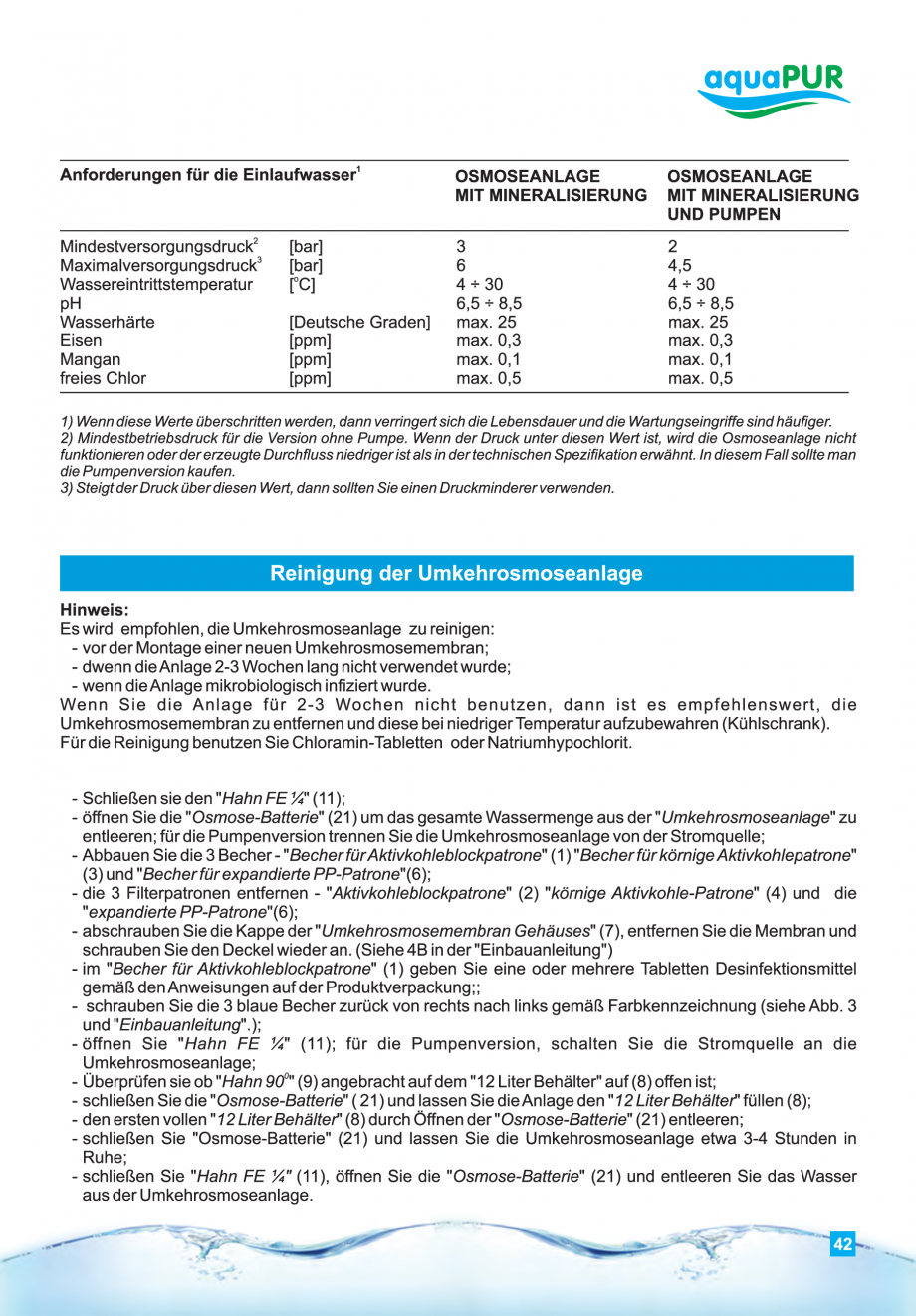 Pagina 42-Instructiuni de utilizare si montaj al sistemelor de osmoza inversa - aquaPUR VALROM Instructiuni...