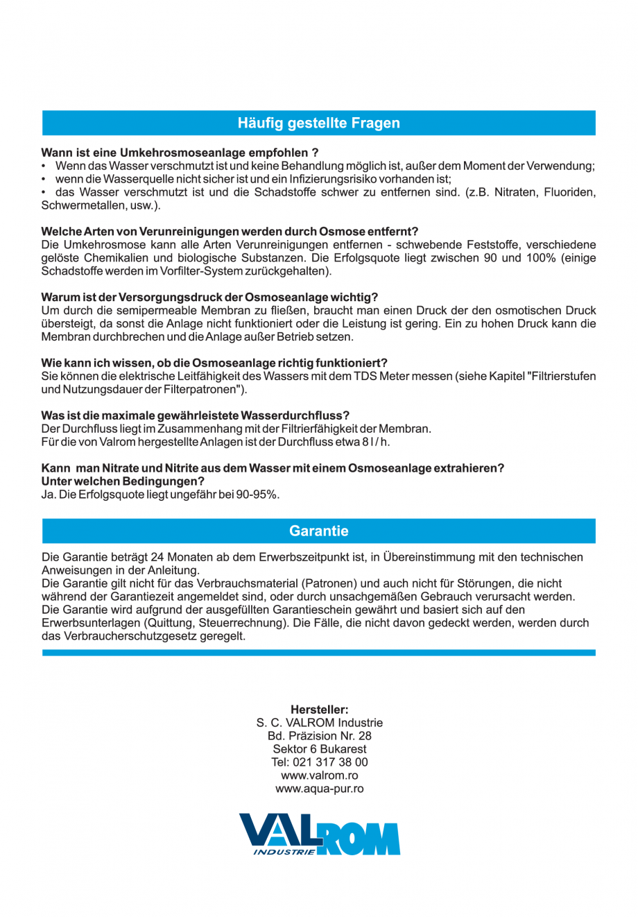 Pagina 45-Instructiuni de utilizare si montaj al sistemelor de osmoza inversa - aquaPUR VALROM Instructiuni...