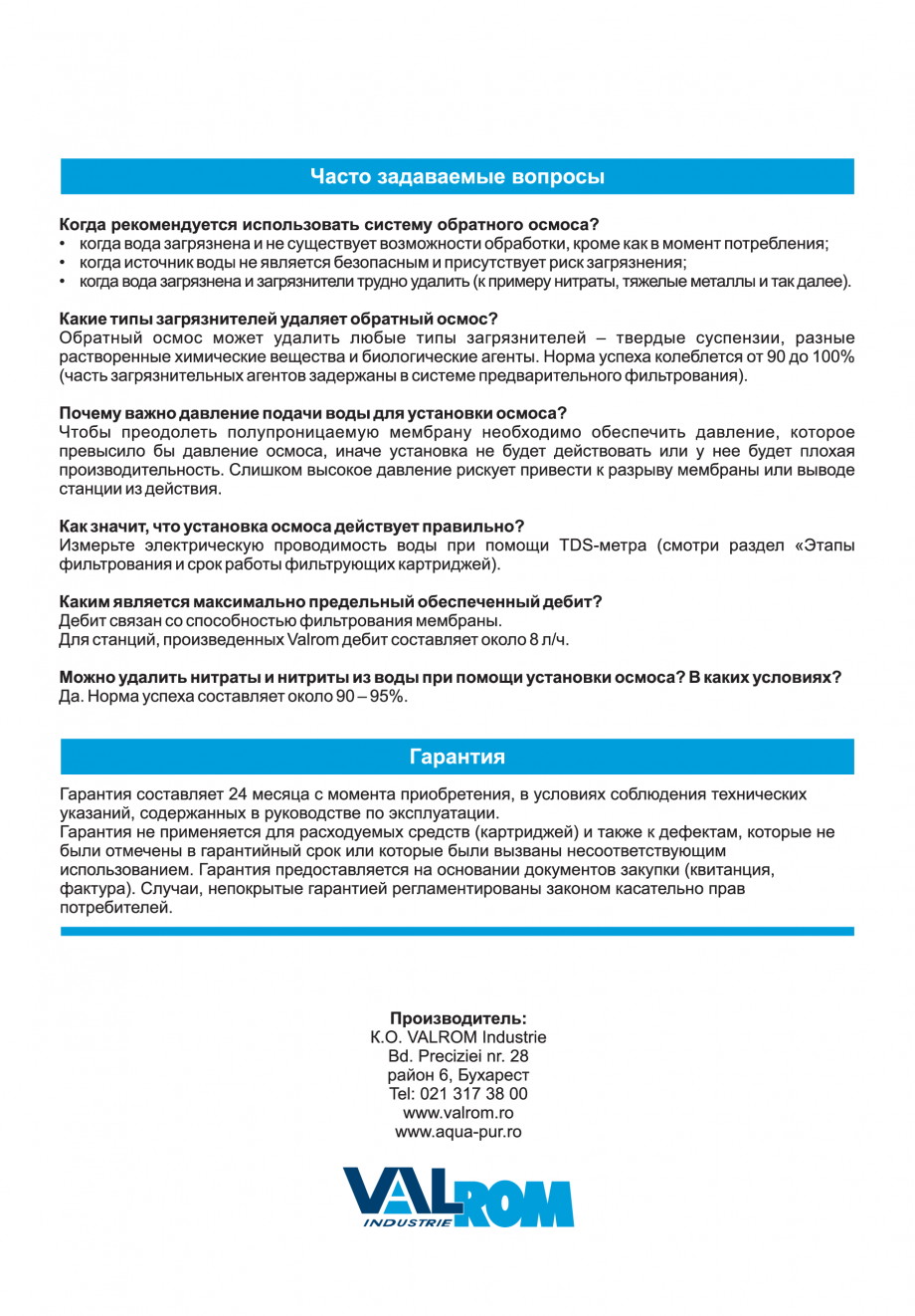 Pagina 56-Instructiuni de utilizare si montaj al sistemelor de osmoza inversa - aquaPUR VALROM Instructiuni...