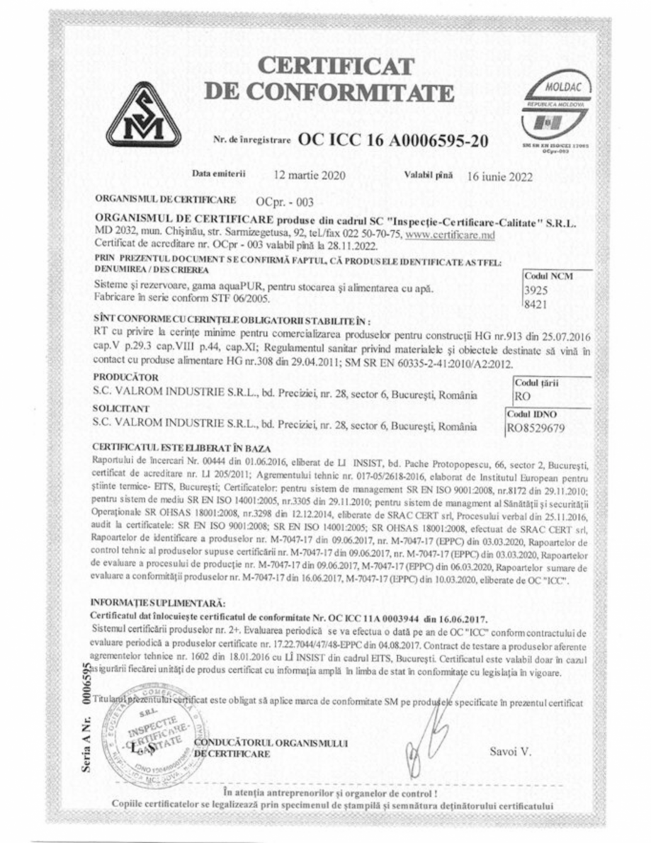 Pagina 1-Certificat de conformitate nr. OC ICC 16 A0006595-20 - pentru sisteme si rezervoare aquaPUR, pentru ...