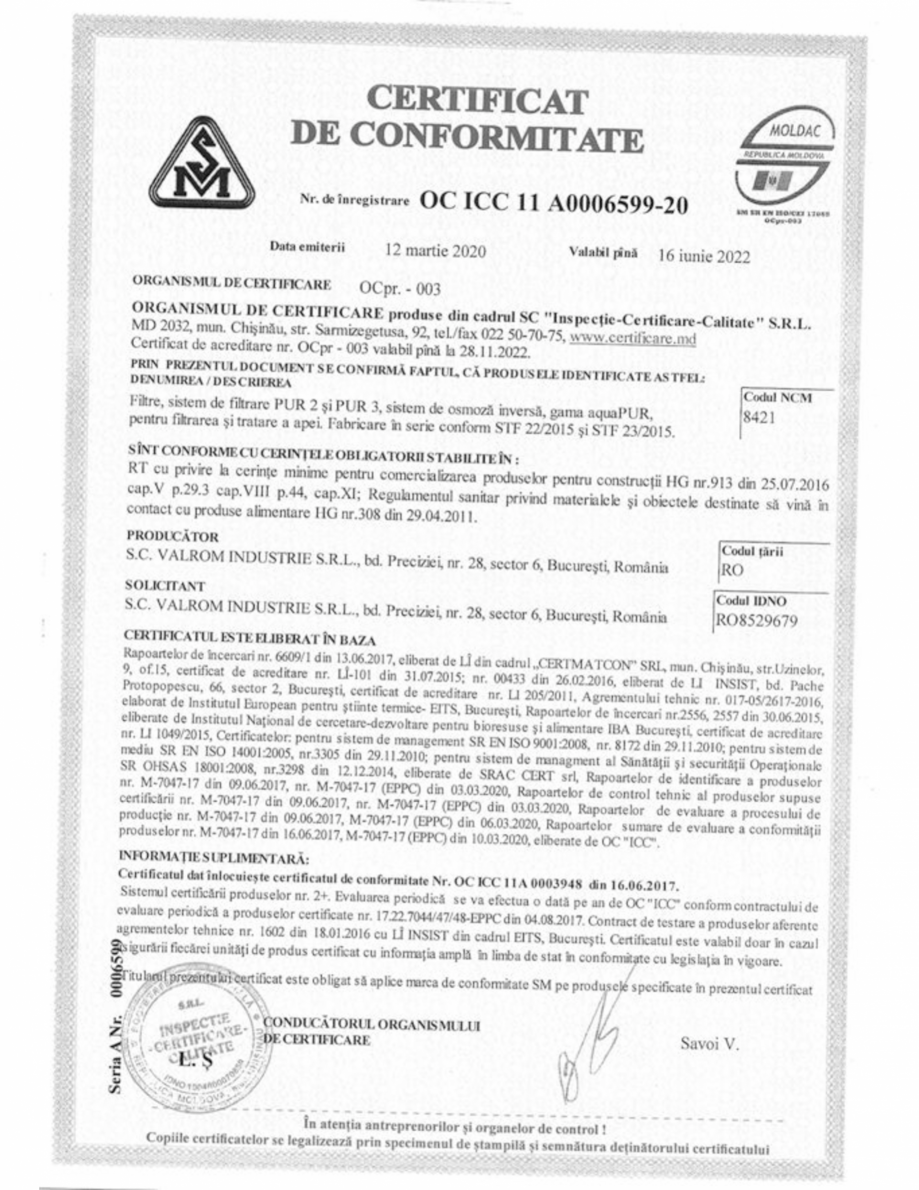 Pagina 1-Certificat de conformitate nr. OC ICC 11 A0006599-20 - pentru sisteme de filtrare PUR2 si PUR3,...