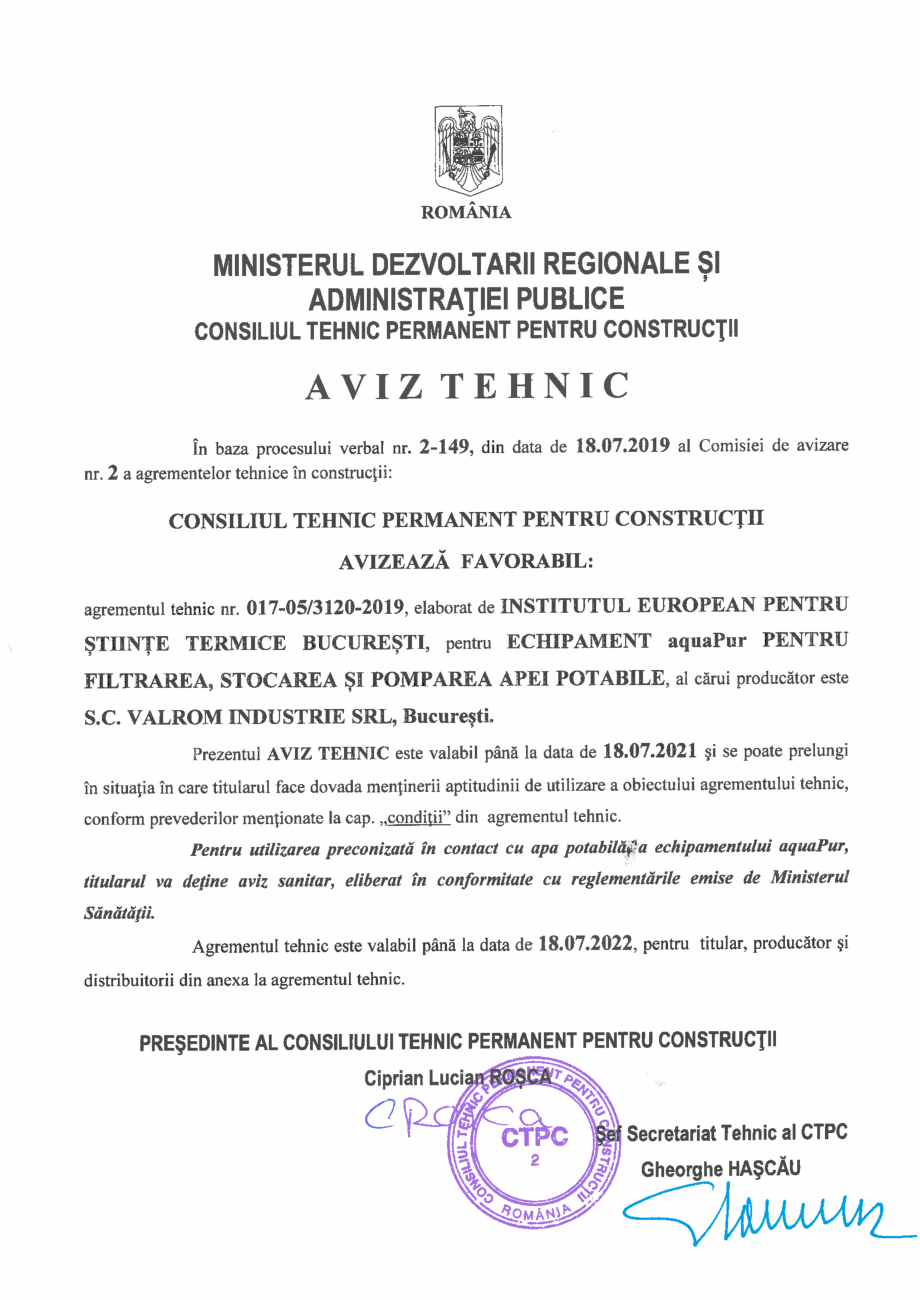 Pagina 2-Aviz tehnic nr 017-05/3120-2019 pentru echipament aquaPUR pentru filtrarea, stocarea si pomparea...