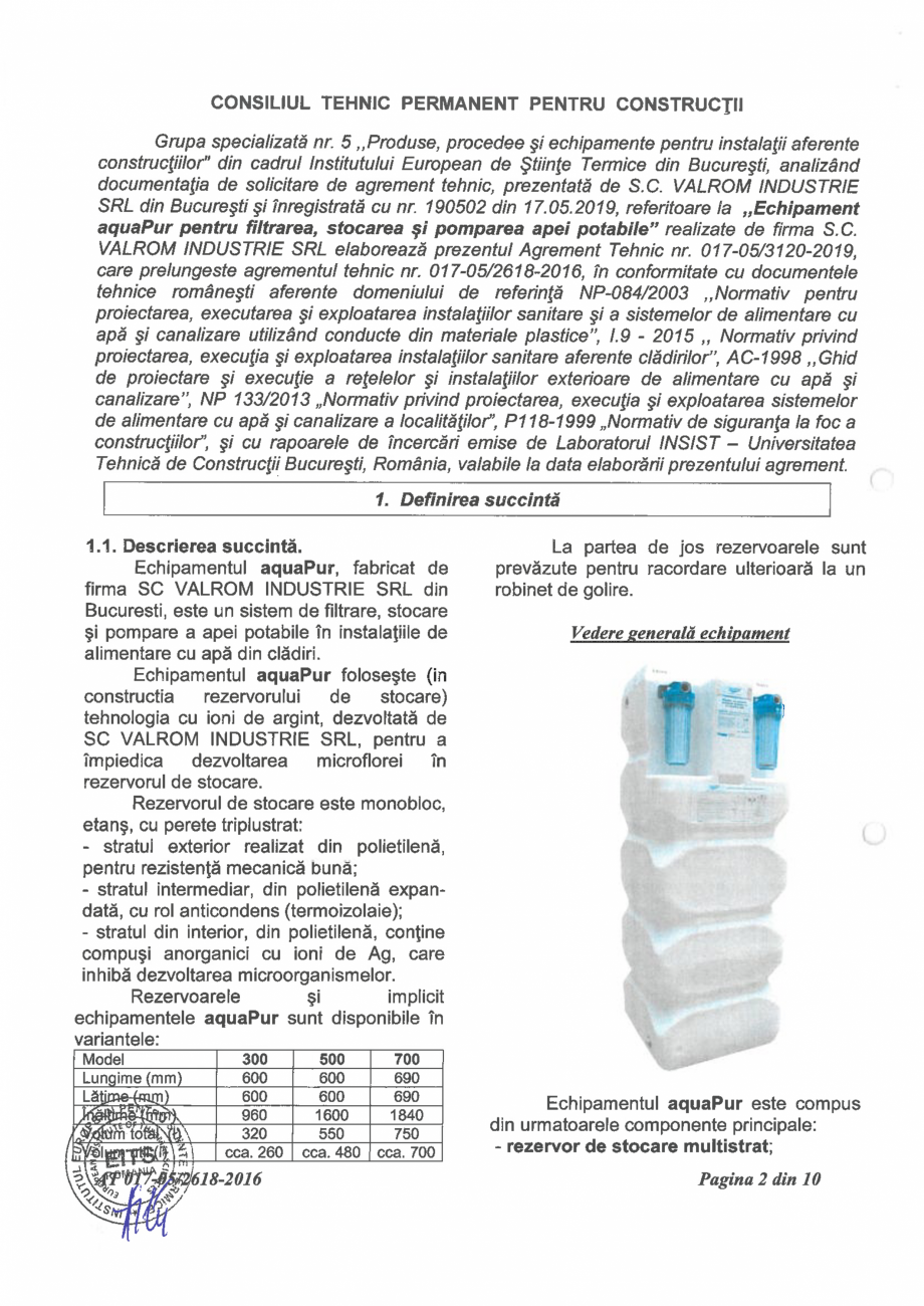 Pagina 4-Aviz tehnic nr 017-05/3120-2019 pentru echipament aquaPUR pentru filtrarea, stocarea si pomparea...