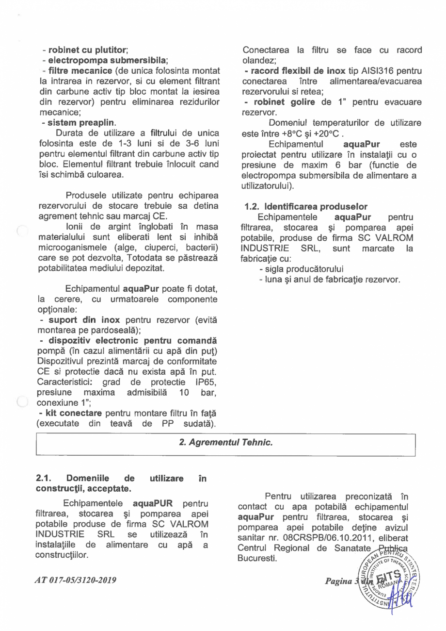 Pagina 5-Aviz tehnic nr 017-05/3120-2019 pentru echipament aquaPUR pentru filtrarea, stocarea si pomparea...