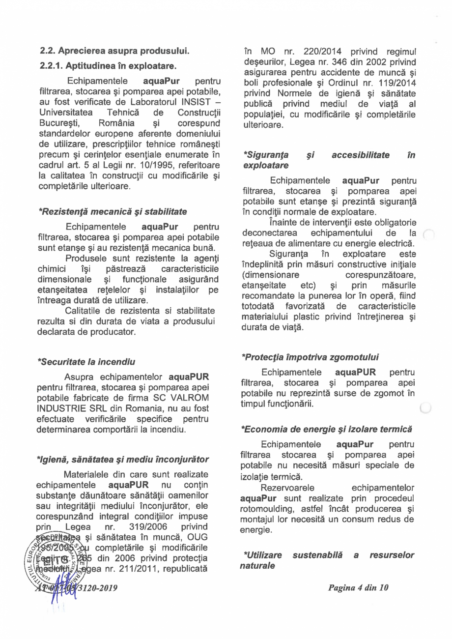 Pagina 6-Aviz tehnic nr 017-05/3120-2019 pentru echipament aquaPUR pentru filtrarea, stocarea si pomparea...