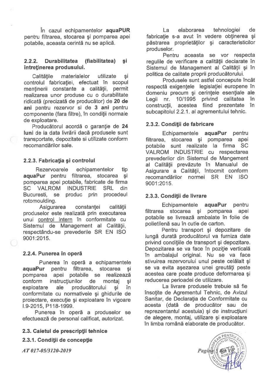 Pagina 7-Aviz tehnic nr 017-05/3120-2019 pentru echipament aquaPUR pentru filtrarea, stocarea si pomparea...