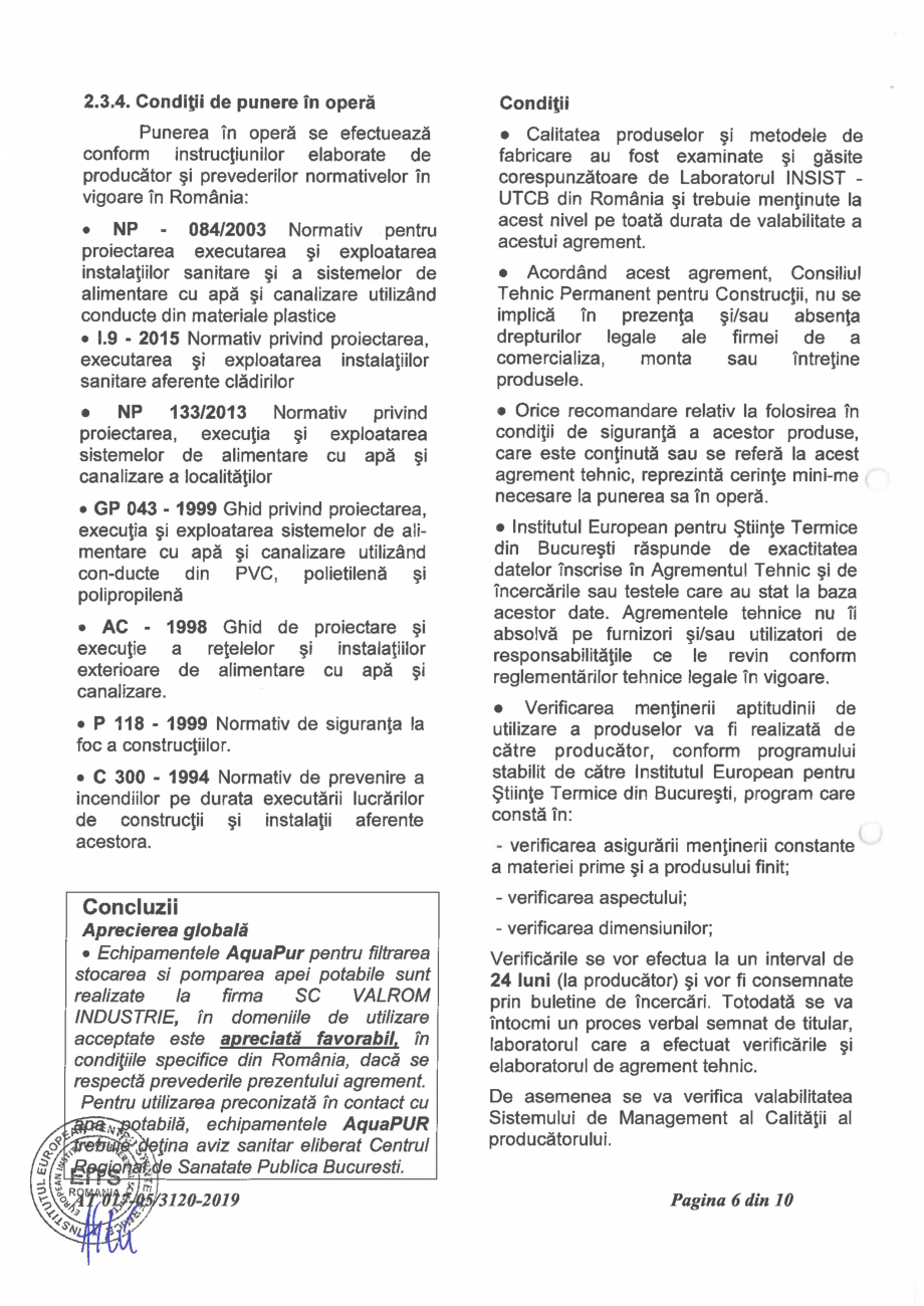 Pagina 8-Aviz tehnic nr 017-05/3120-2019 pentru echipament aquaPUR pentru filtrarea, stocarea si pomparea...