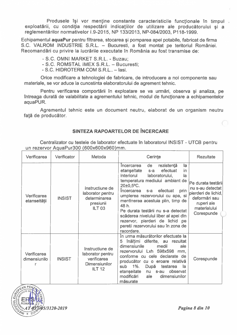 Pagina 10-Aviz tehnic nr 017-05/3120-2019 pentru echipament aquaPUR pentru filtrarea, stocarea si pomparea...