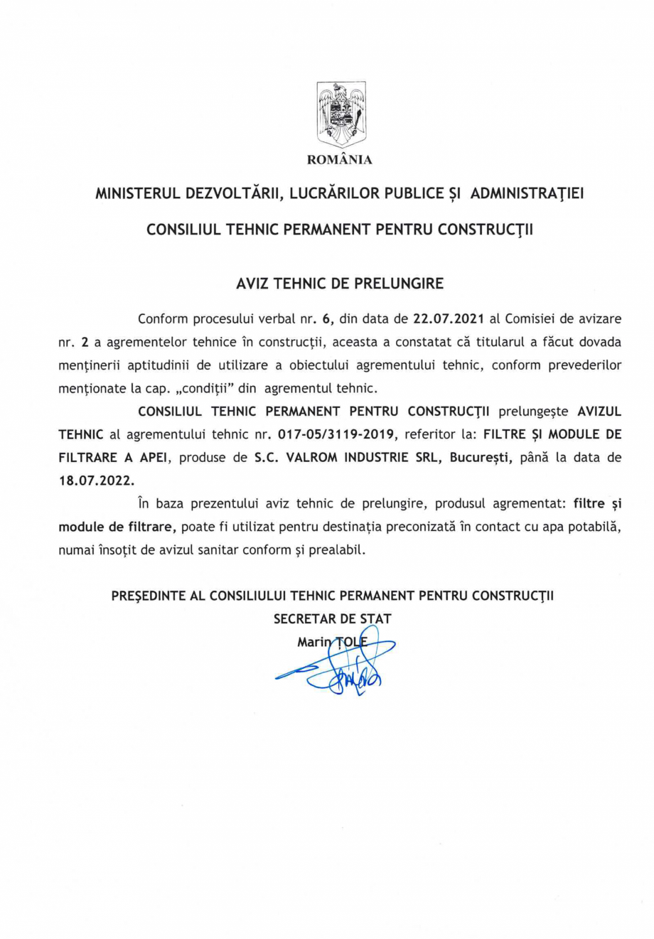 Pagina 1-Aviz tehnic nr 017-05/3119-2019 pentru filtre si module de filtrare a apei VALROM Certificare produs...