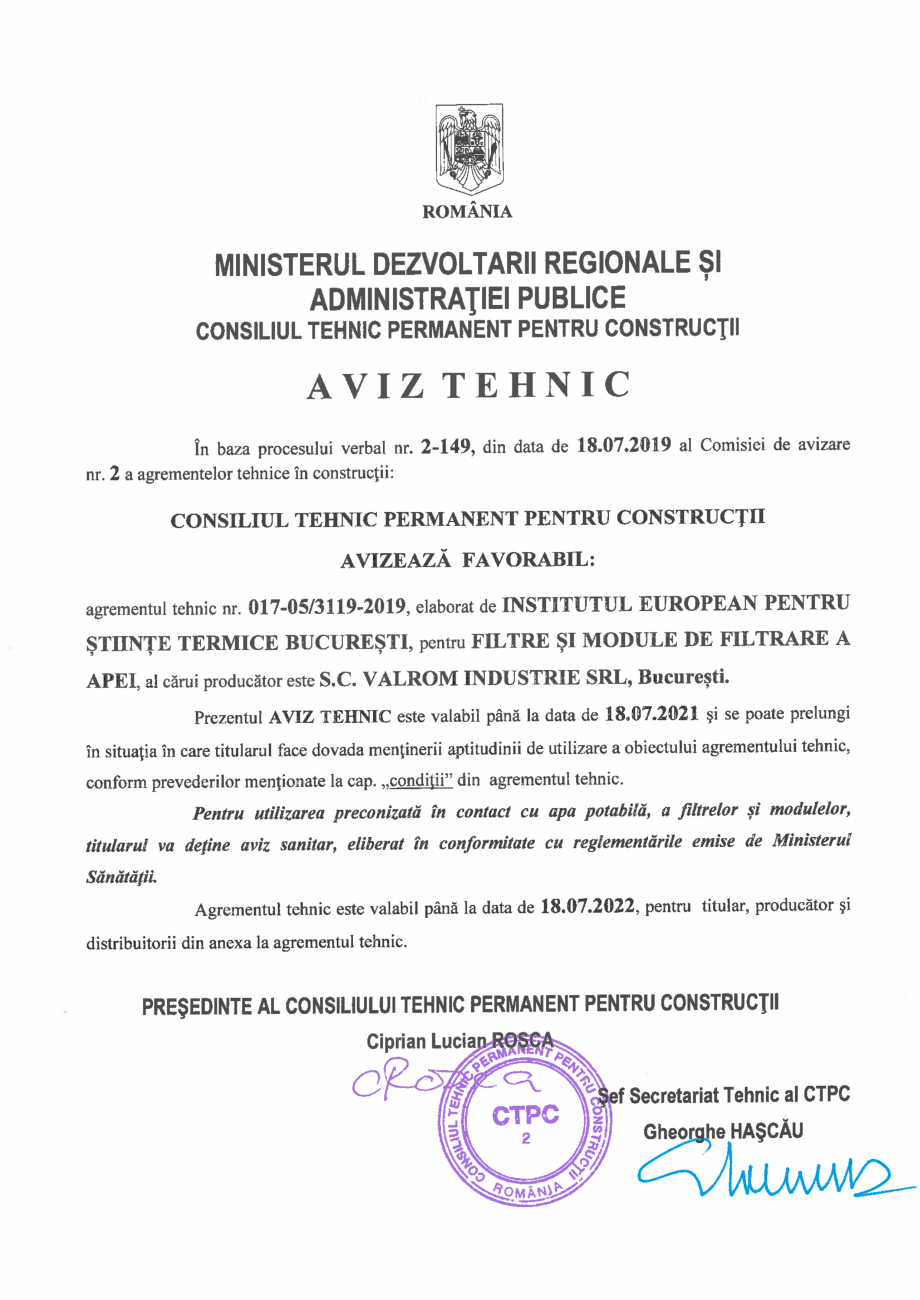 Pagina 2-Aviz tehnic nr 017-05/3119-2019 pentru filtre si module de filtrare a apei VALROM Certificare produs...