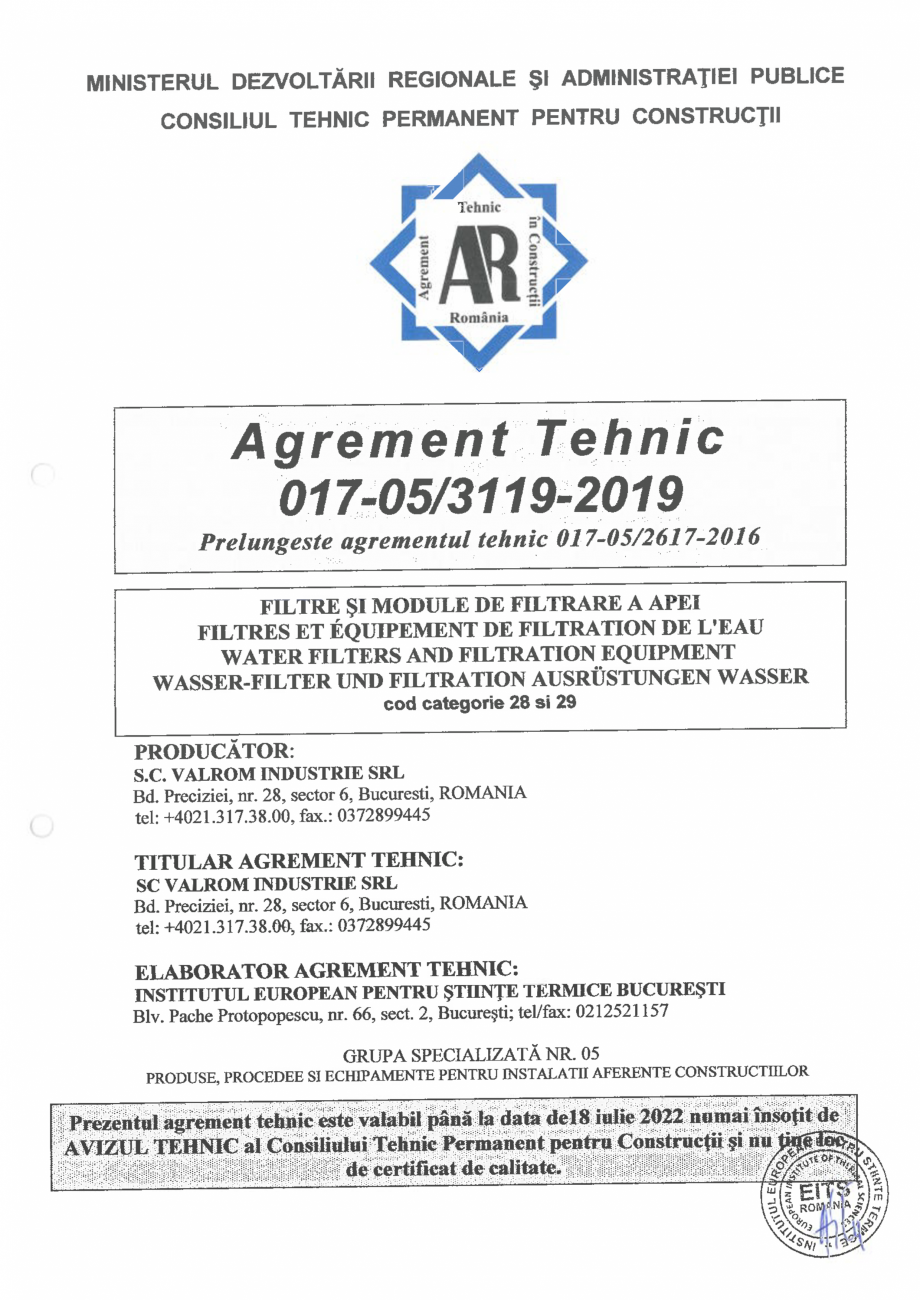 Pagina 3-Aviz tehnic nr 017-05/3119-2019 pentru filtre si module de filtrare a apei VALROM Certificare produs...