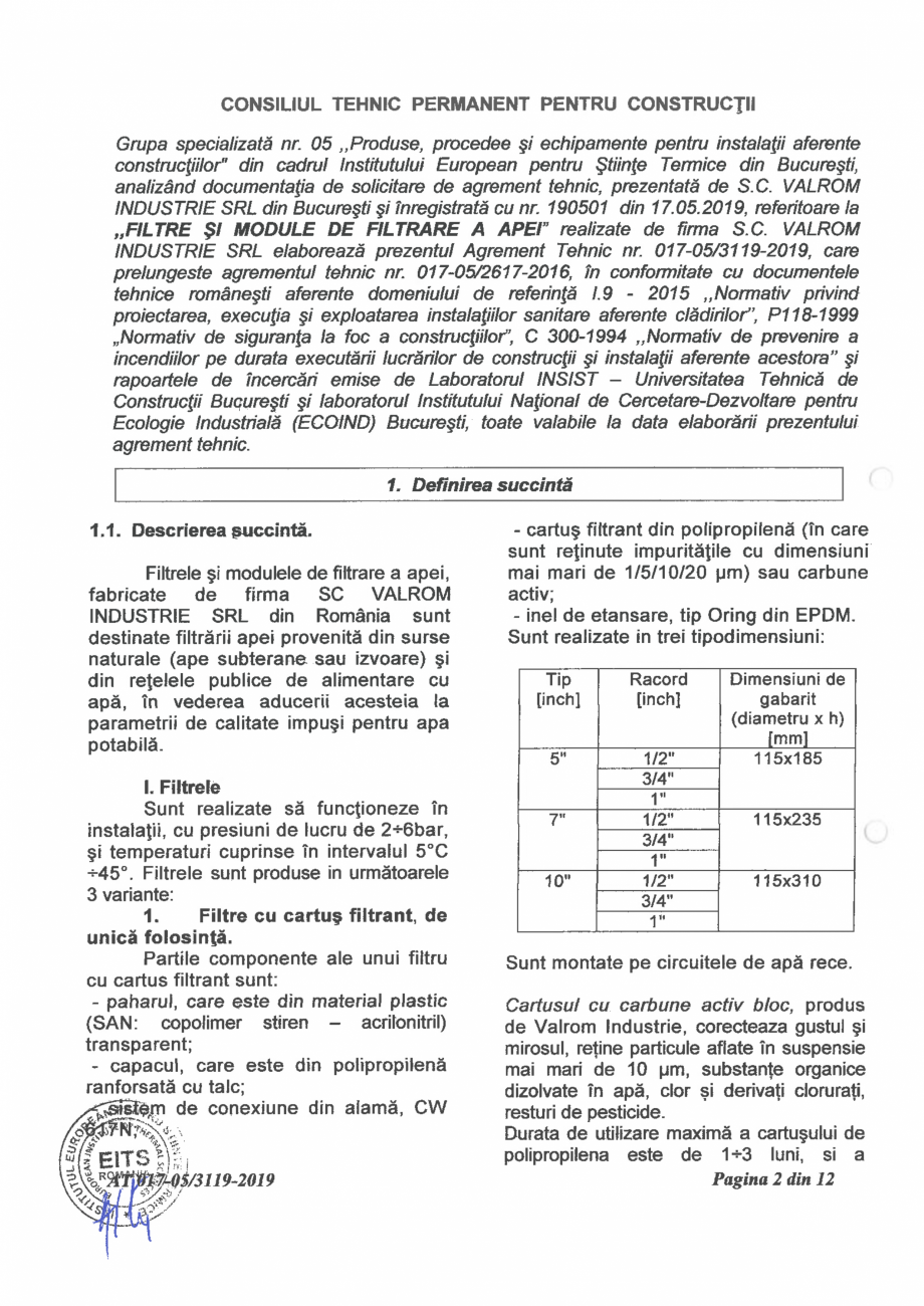 Pagina 4-Aviz tehnic nr 017-05/3119-2019 pentru filtre si module de filtrare a apei VALROM Certificare produs...