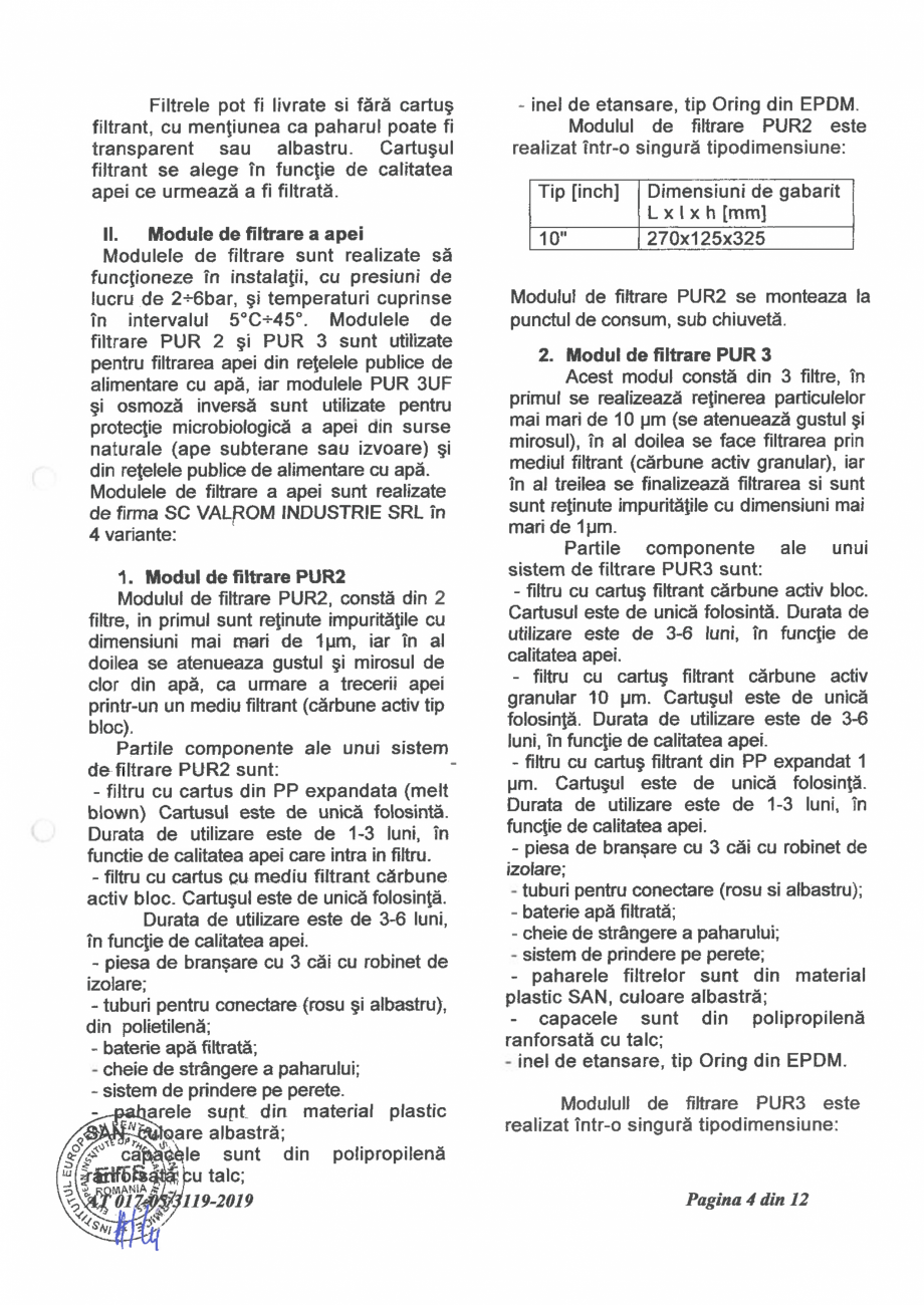 Pagina 6-Aviz tehnic nr 017-05/3119-2019 pentru filtre si module de filtrare a apei VALROM Certificare produs...