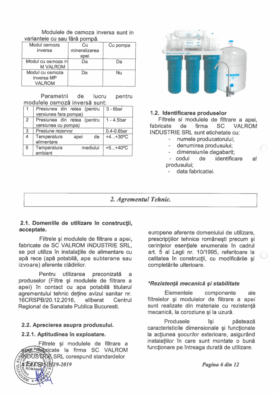 Pagina 8-Aviz tehnic nr 017-05/3119-2019 pentru filtre si module de filtrare a apei VALROM Certificare produs...