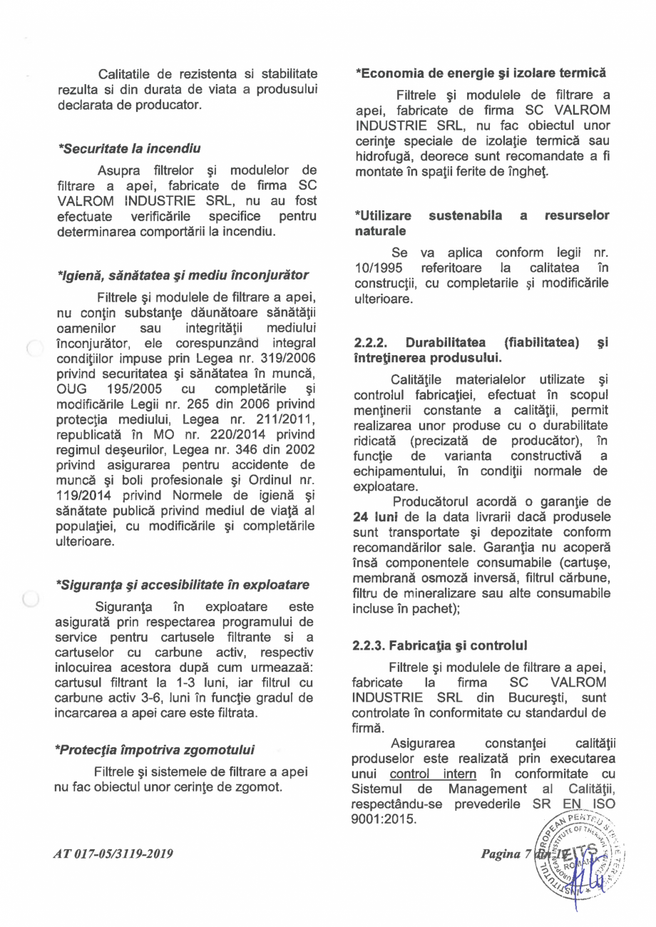 Pagina 9-Aviz tehnic nr 017-05/3119-2019 pentru filtre si module de filtrare a apei VALROM Certificare produs...