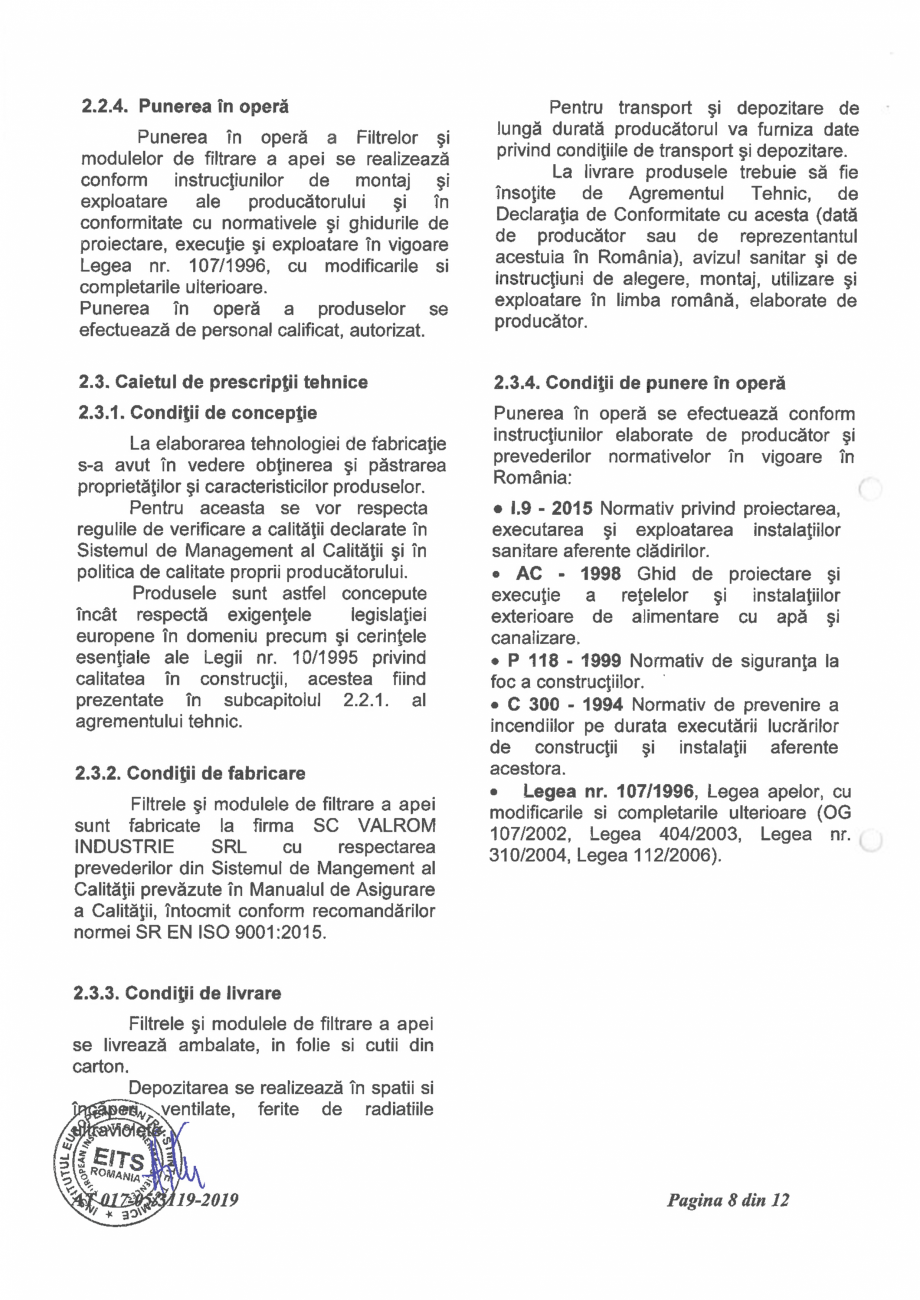 Pagina 10-Aviz tehnic nr 017-05/3119-2019 pentru filtre si module de filtrare a apei VALROM Certificare produs...