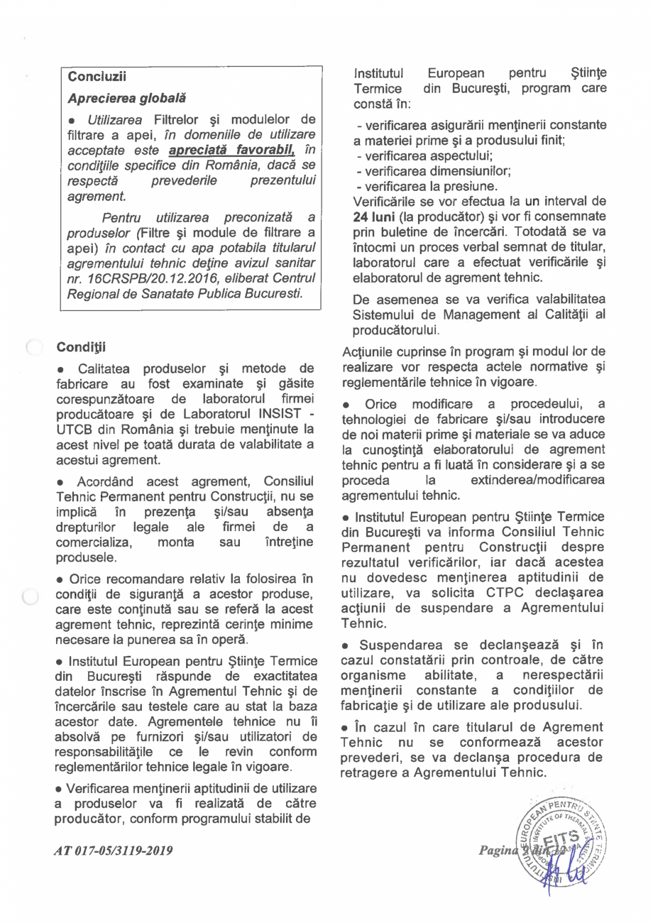 Pagina 11-Aviz tehnic nr 017-05/3119-2019 pentru filtre si module de filtrare a apei VALROM Certificare produs...