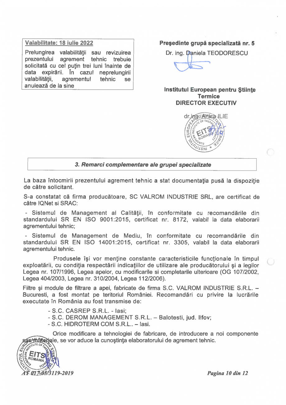 Pagina 12-Aviz tehnic nr 017-05/3119-2019 pentru filtre si module de filtrare a apei VALROM Certificare produs...