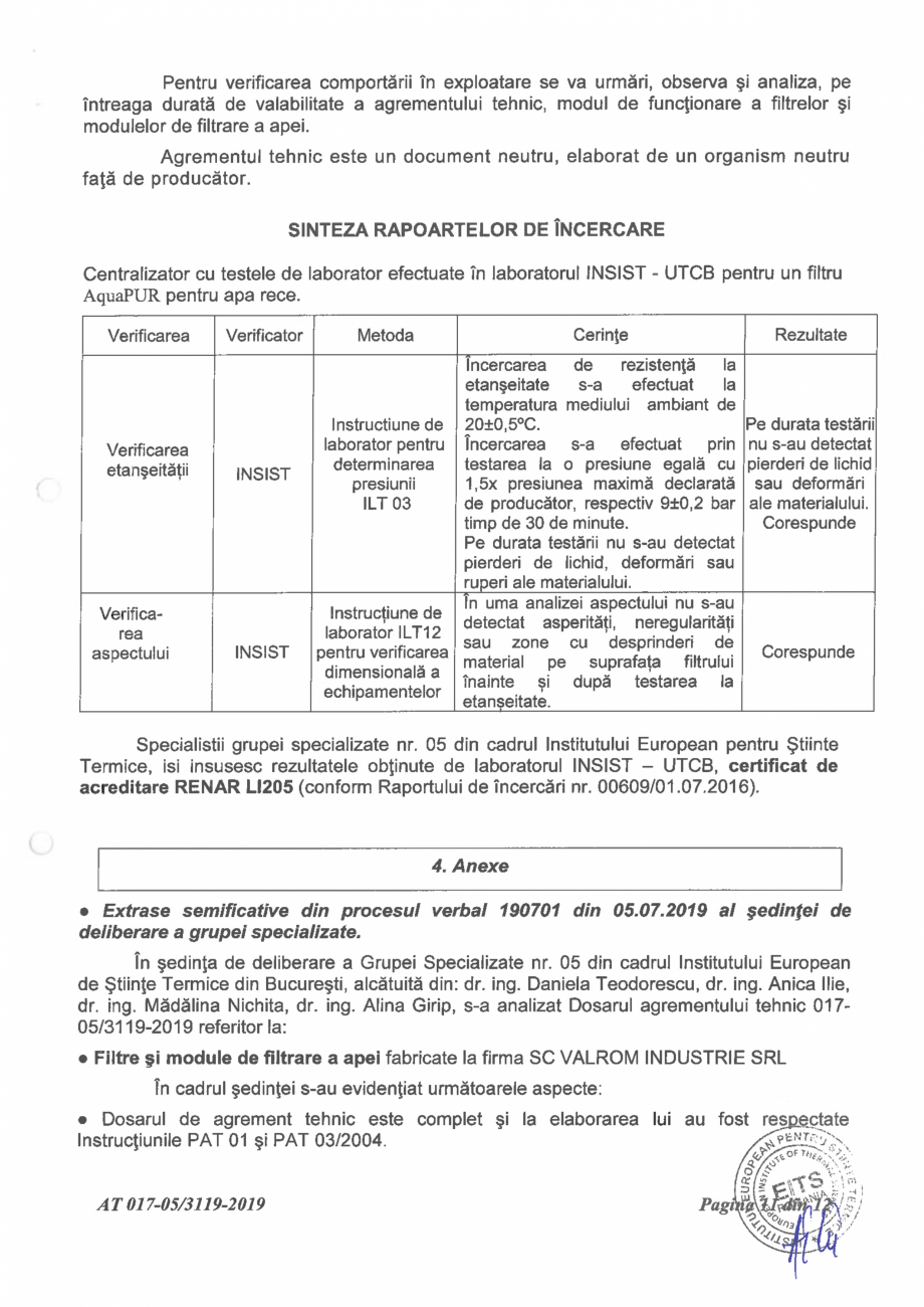 Pagina 13-Aviz tehnic nr 017-05/3119-2019 pentru filtre si module de filtrare a apei VALROM Certificare produs...