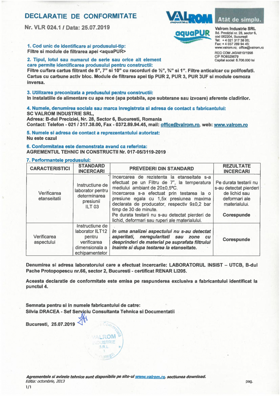 Pagina 15-Aviz tehnic nr 017-05/3119-2019 pentru filtre si module de filtrare a apei VALROM Certificare produs...
