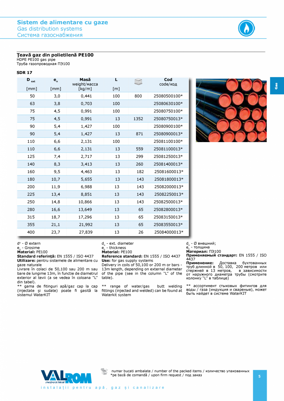 Pagina 5-Sistem de alimentare cu gaze VALROM GasKIT Catalog, brosura Engleza, Romana, Rusa я ПЭ100
SDR 11...
