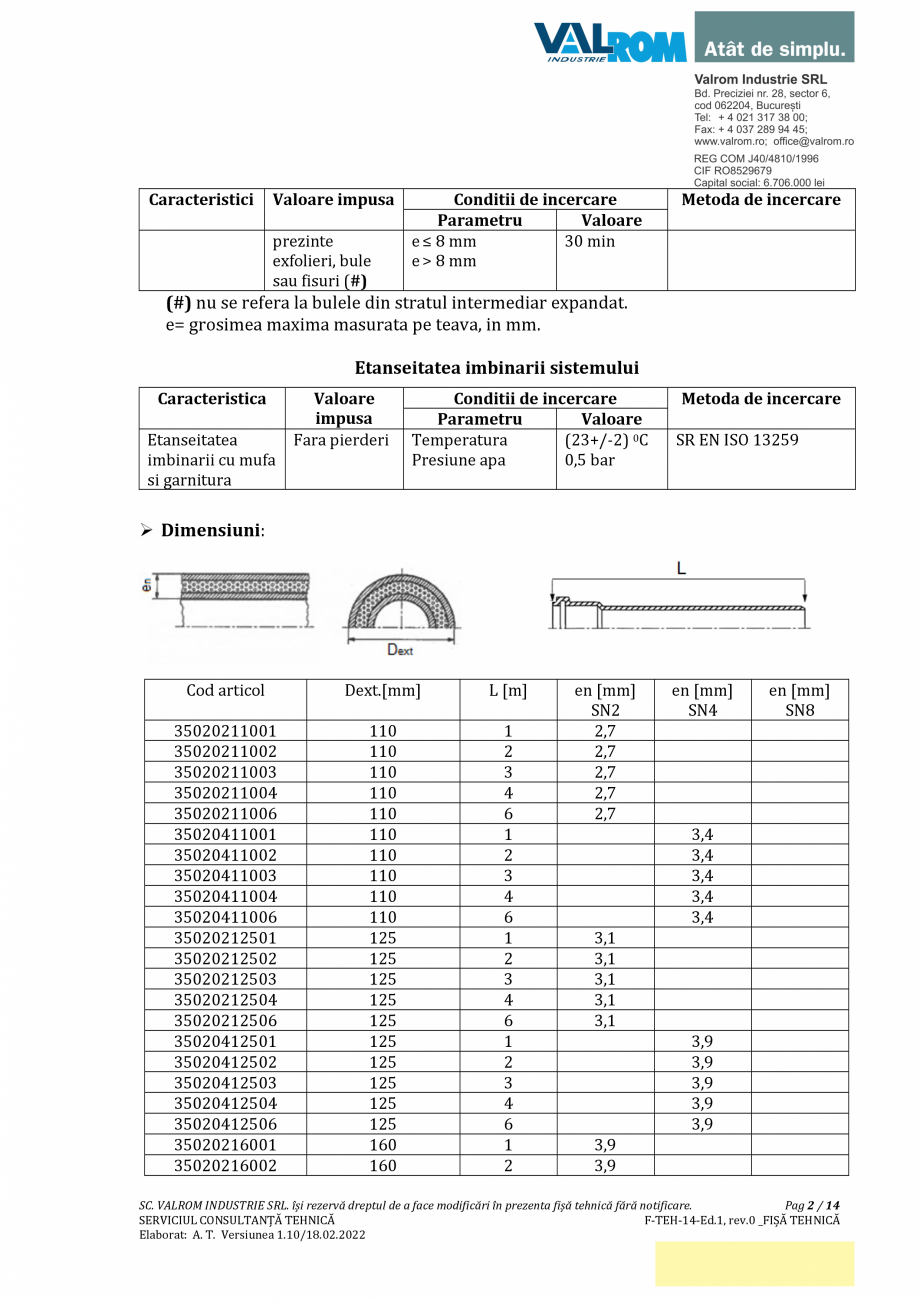 Pagina 2-Ţeavă PP multistrat cu mufă şi garnitură D110÷D400 având SN2÷SN8 VALROM...