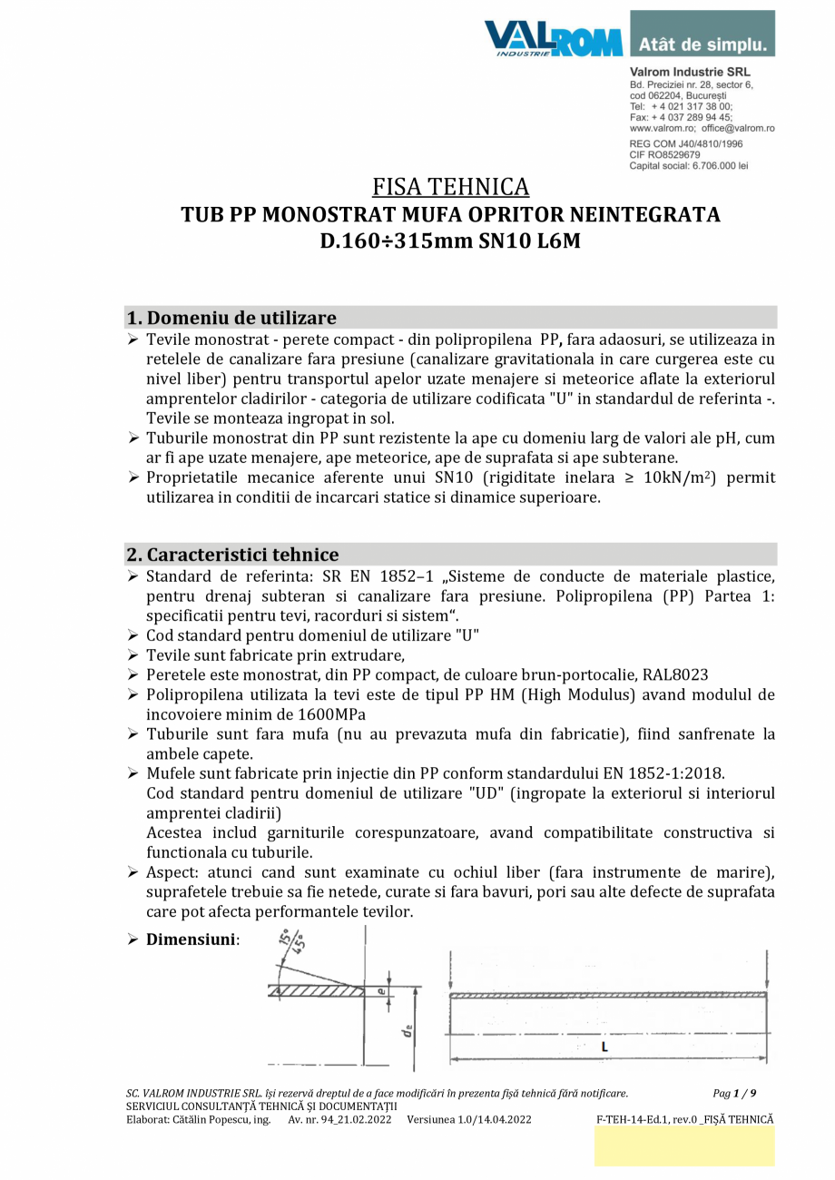 Pagina 1-Țeavă PP monostrat cu mufa, neintegrată, D160÷D315mm, SN10, bară de 6 m VALROM Fisa...