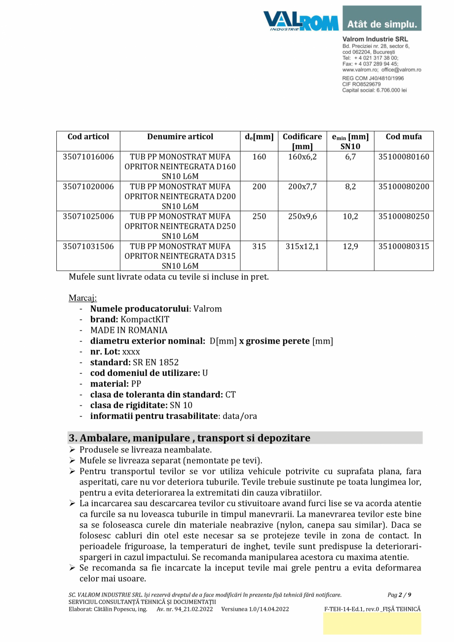 Pagina 2-Țeavă PP monostrat cu mufa, neintegrată, D160÷D315mm, SN10, bară de 6 m VALROM Fisa...