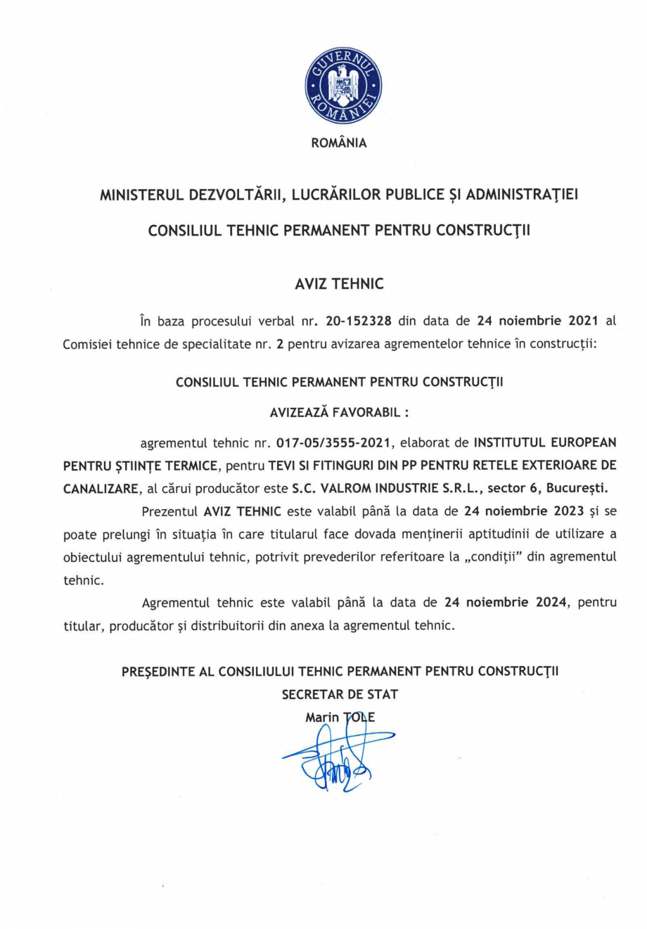 Pagina 1-Aviz si Agrement tehnic -nr 017-05/3555-2021 pentru tevi si fitinguri din PP pentru retele...