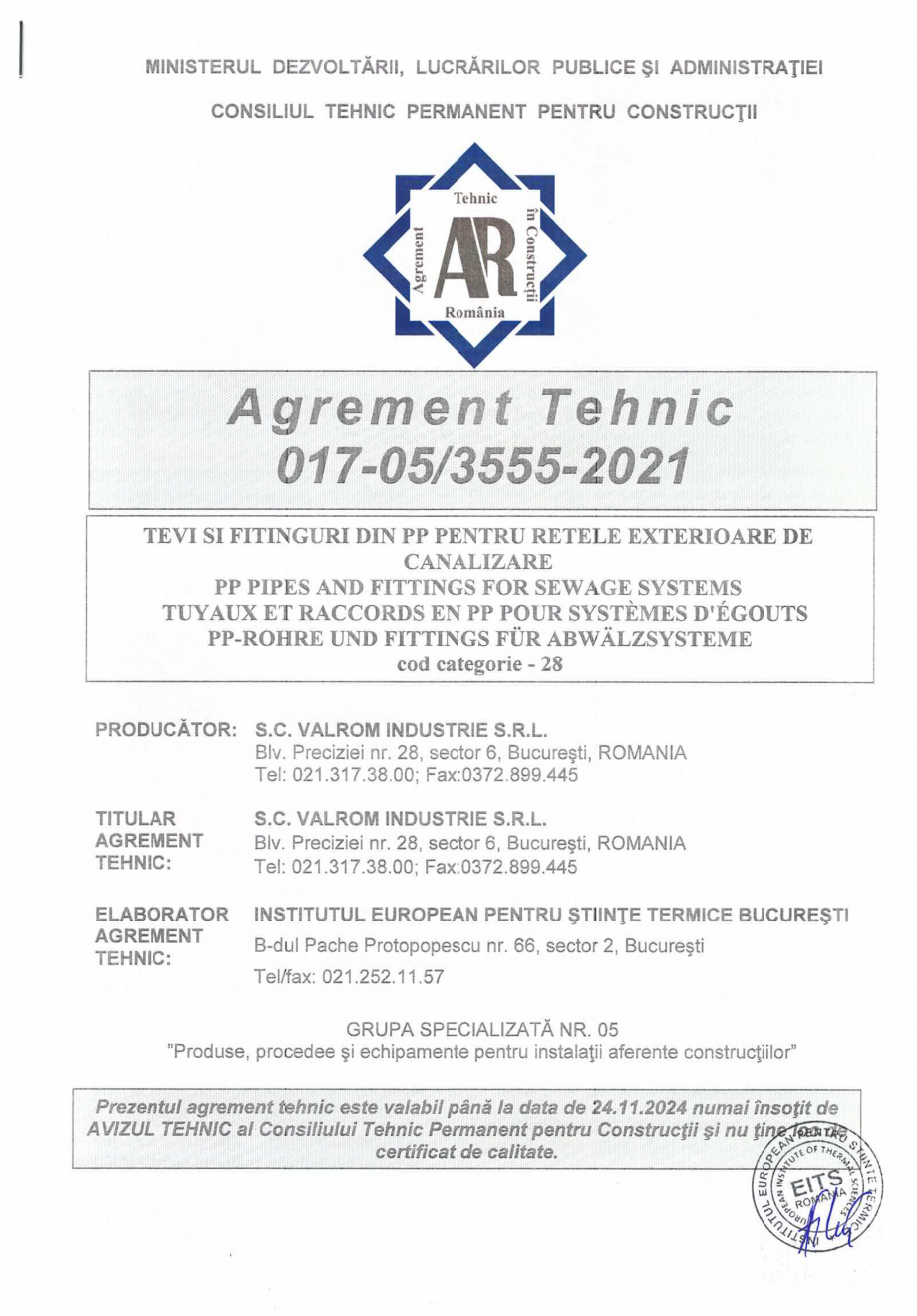 Pagina 2-Aviz si Agrement tehnic -nr 017-05/3555-2021 pentru tevi si fitinguri din PP pentru retele...