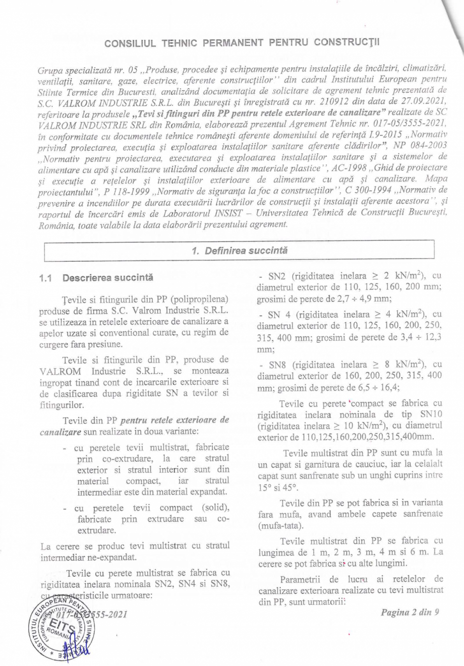 Pagina 3-Aviz si Agrement tehnic -nr 017-05/3555-2021 pentru tevi si fitinguri din PP pentru retele...
