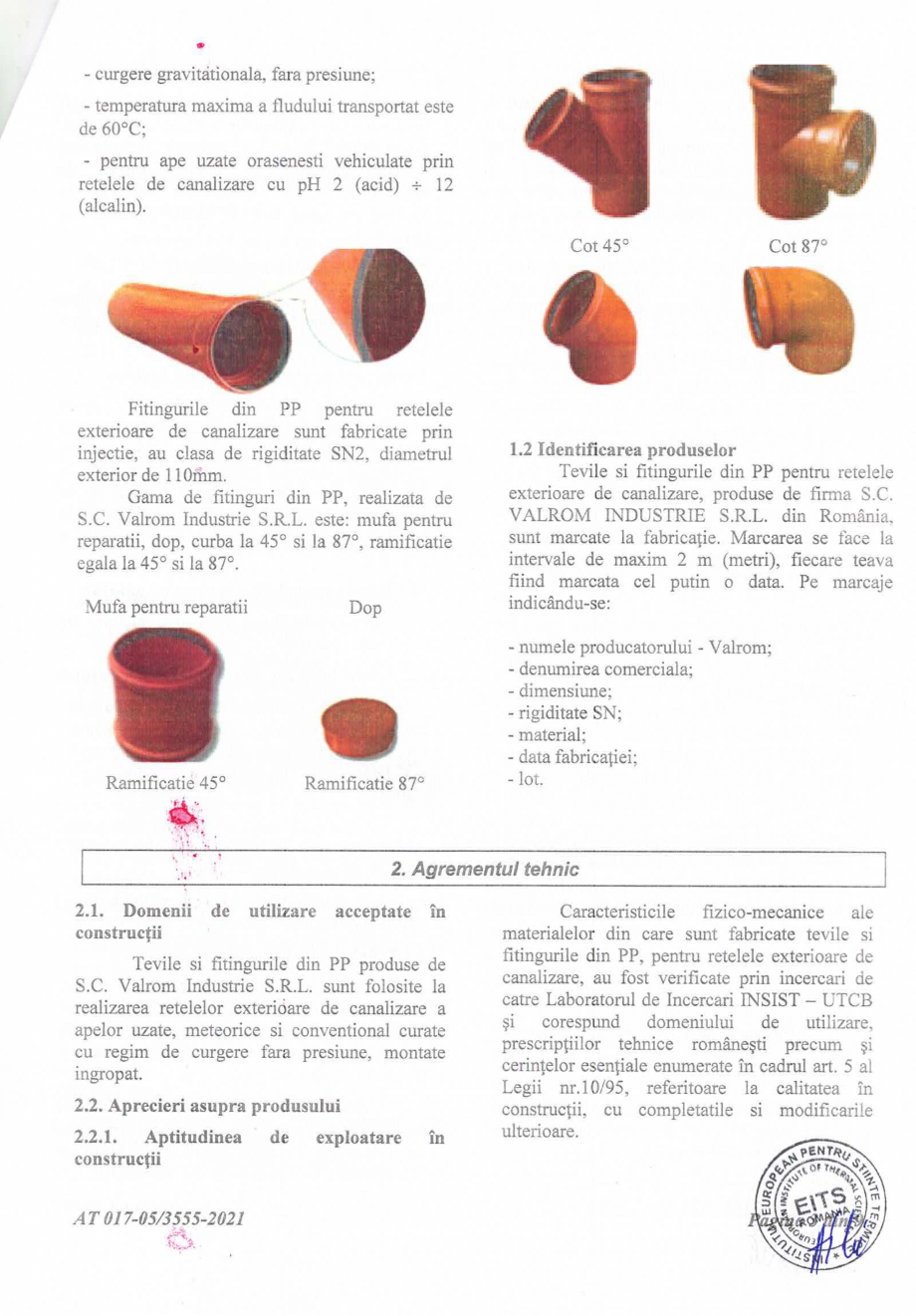 Pagina 4-Aviz si Agrement tehnic -nr 017-05/3555-2021 pentru tevi si fitinguri din PP pentru retele...